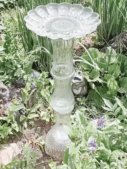 Thrifted Glass Bird Bath | DIY Bird Bath | Upcycled Glass Projects | How to Make a bird bath | Garden Thrift Flips