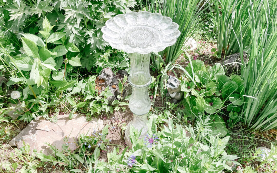 Thrifted Glass Bird Bath | DIY Bird Bath | Upcycled Glass Projects | How to Make a bird bath | Garden Thrift Flips