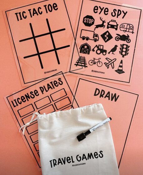 Dry erase tic tac toe, eye spy, draw, and license plate travel games.