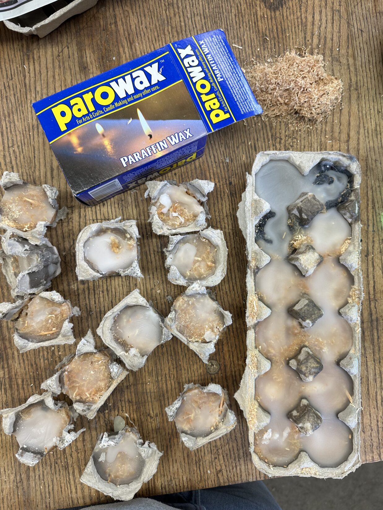 Fire starter made from paraffin wax, egg carton, sawdust, and lint.
